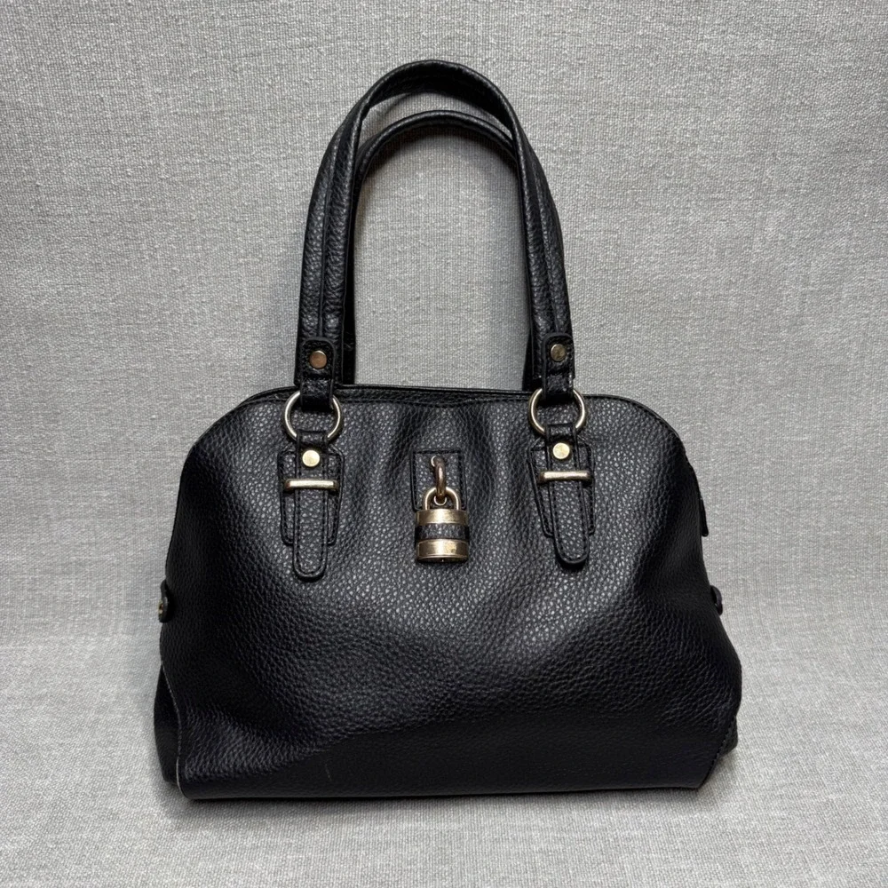 Black Padlock Faux Leather Satchel Handbag Purse Gold Padlock‎ Detail Medium